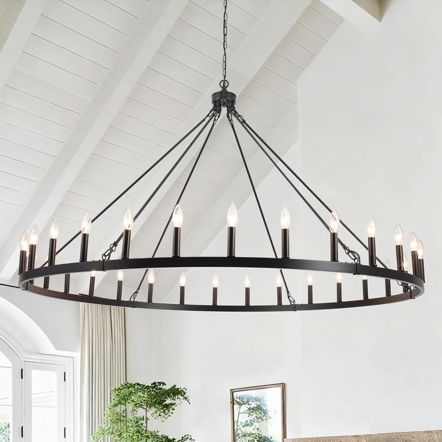 LOFOB Black Extra Large Wagon Wheel Chandelier, 60 inch 30 Lights