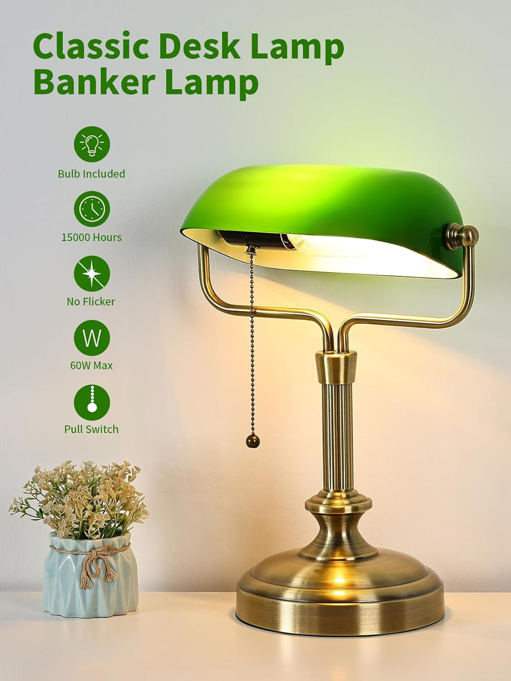 LOFOB Traditional Banker's Desk Lamp with Glass Shade,Pull Chain Switch, LED Bulb Included (Antique Bronze+Green)