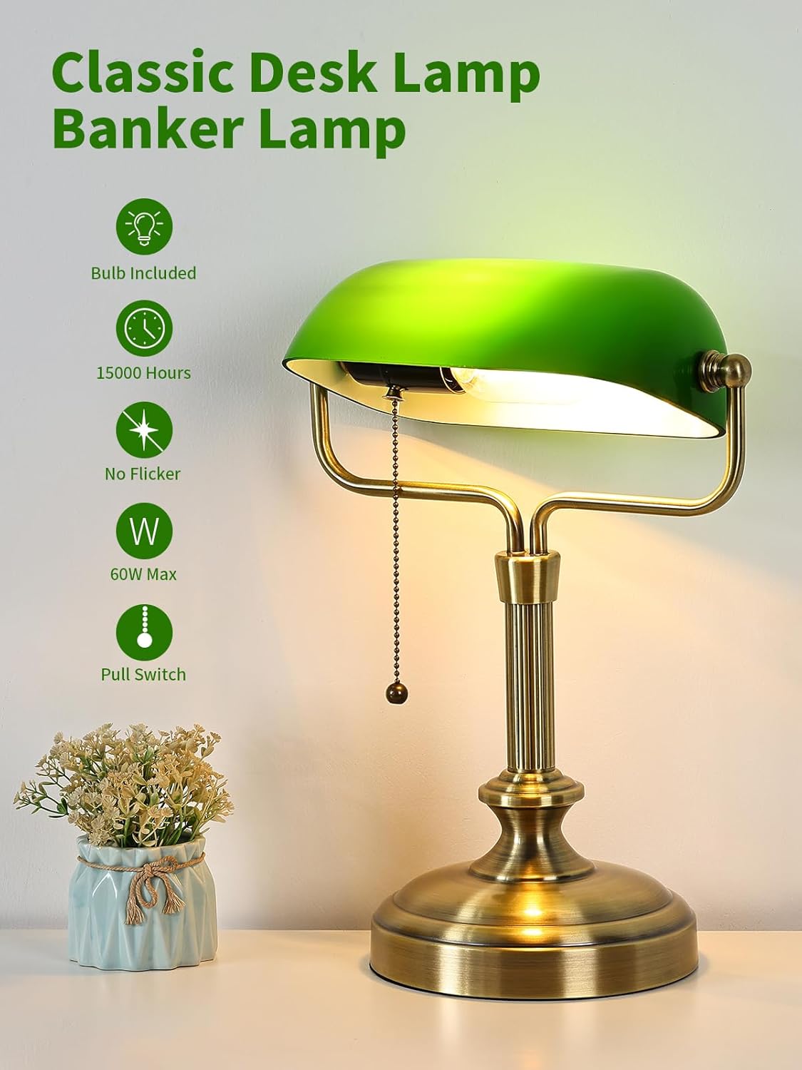 LOFOB Traditional Banker's Desk Lamp with Glass Shade,Pull Chain Switch, LED Bulb Included (Antique Bronze+Green)