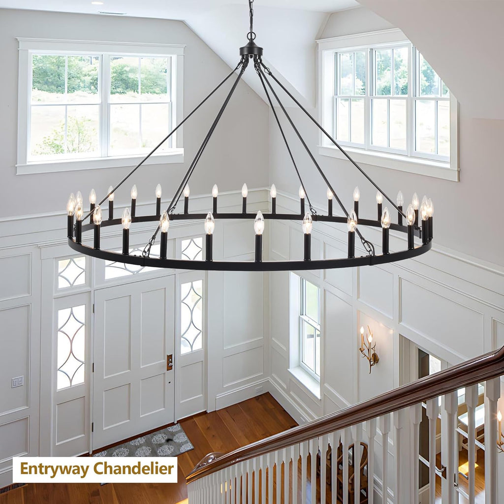 LOFOB Black Extra Large Wagon Wheel Chandelier, 60 inch 30 Lights