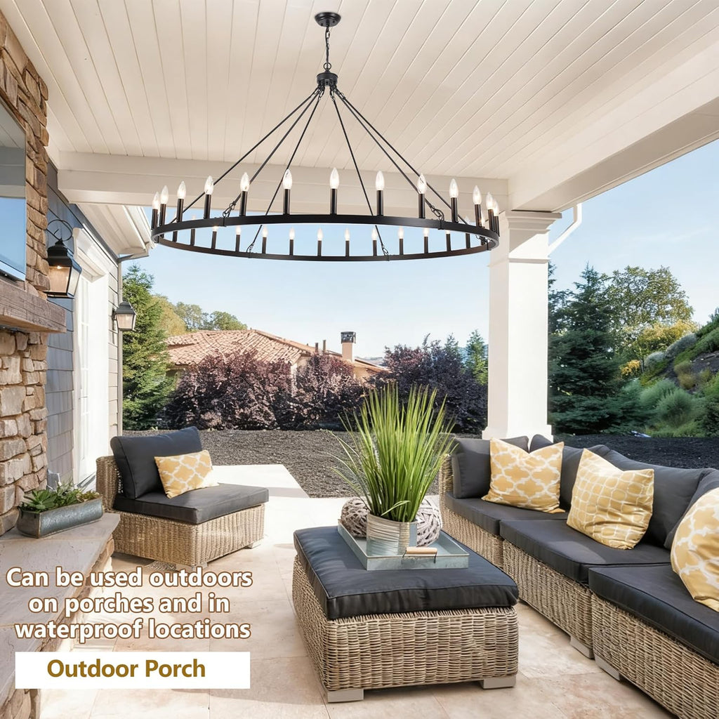 LOFOB Black Extra Large Wagon Wheel Chandelier, 60 inch 30 Lights