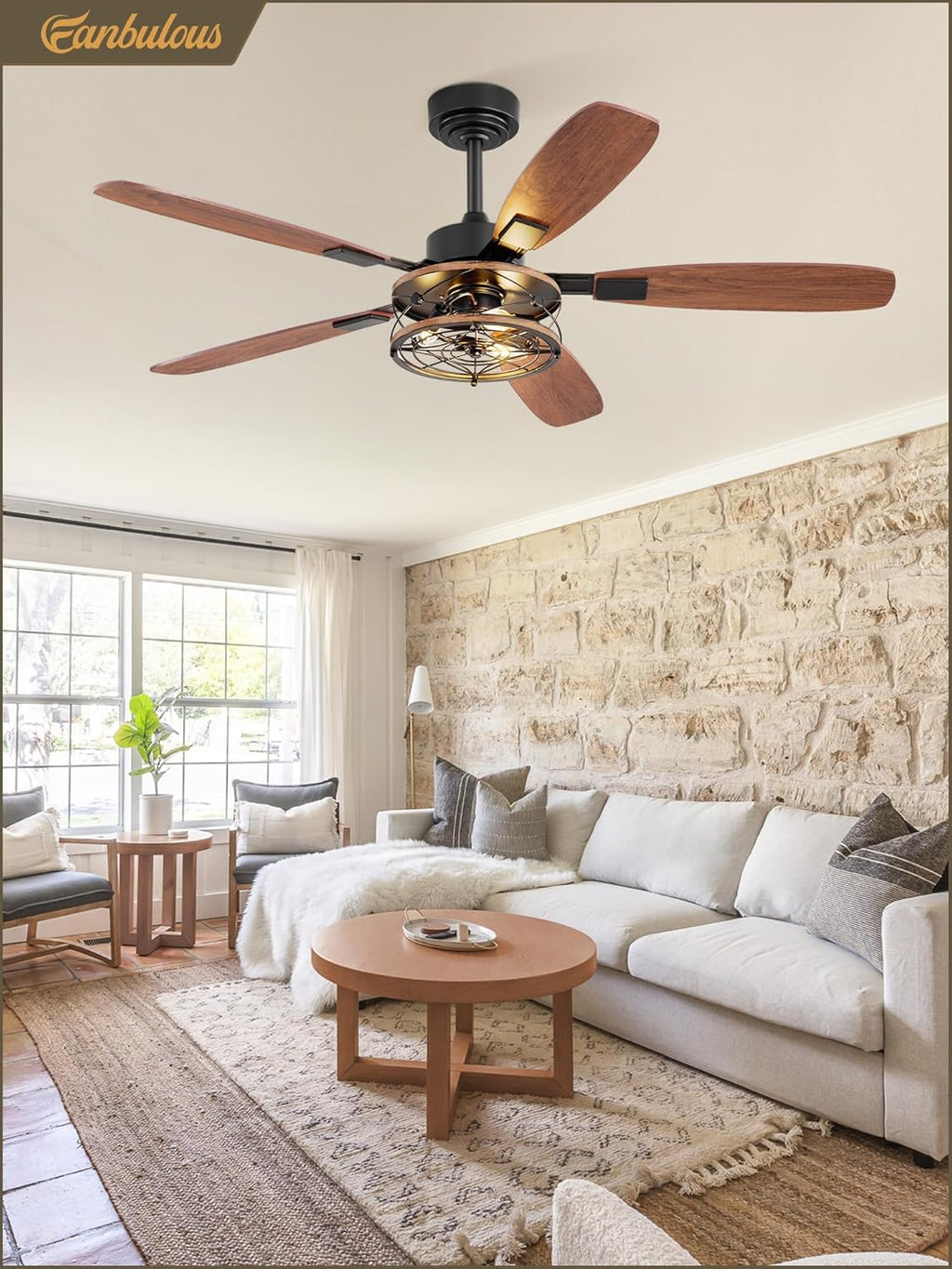 LOFOB 52 Inch Farmhouse Ceiling Fan with Light and Remote,Flush Mount 6 Speed Reversible Motor and Dual Finish 5 Blades