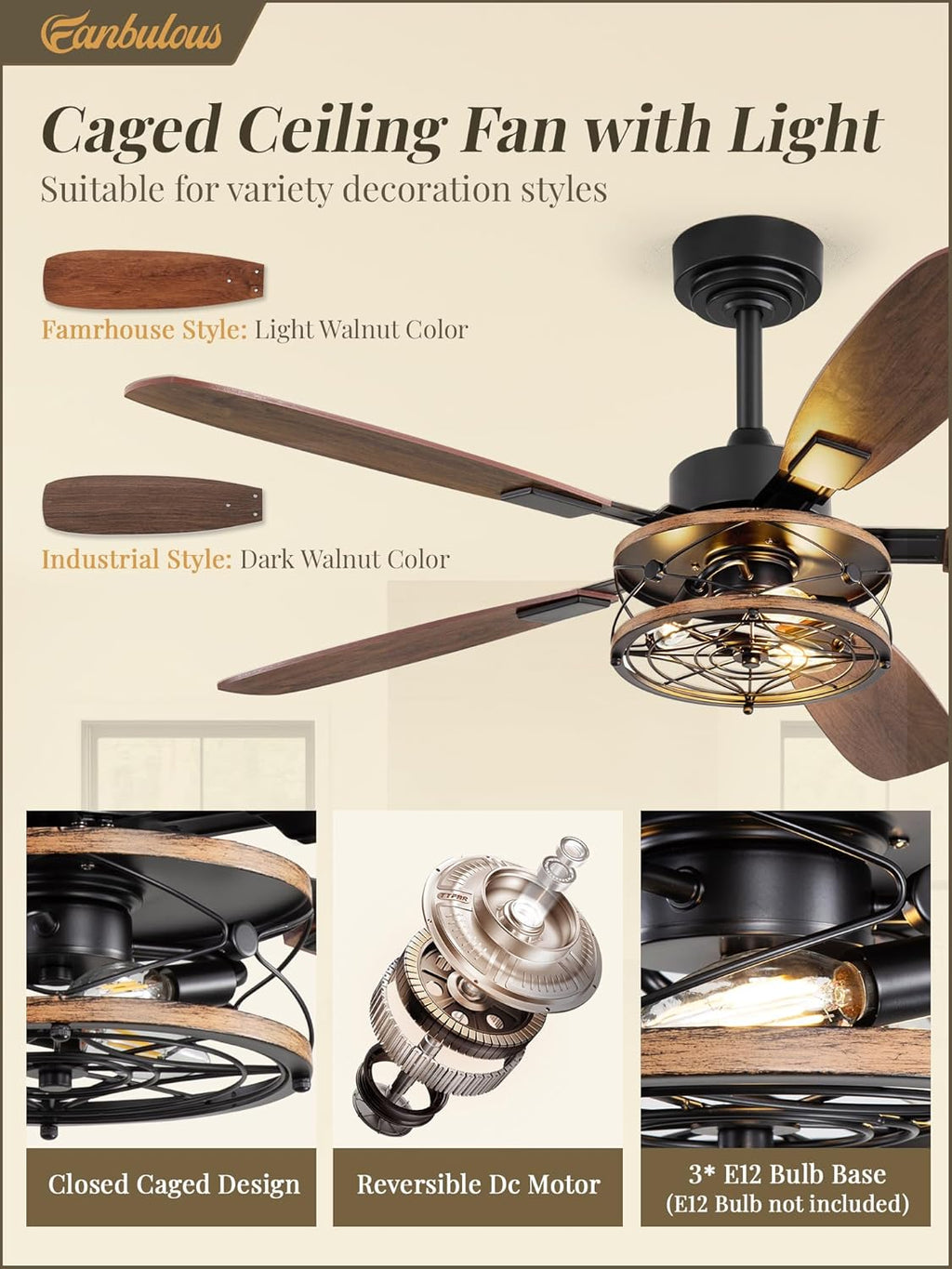 LOFOB 52 Inch Farmhouse Ceiling Fan with Light and Remote,Flush Mount 6 Speed Reversible Motor and Dual Finish 5 Blades