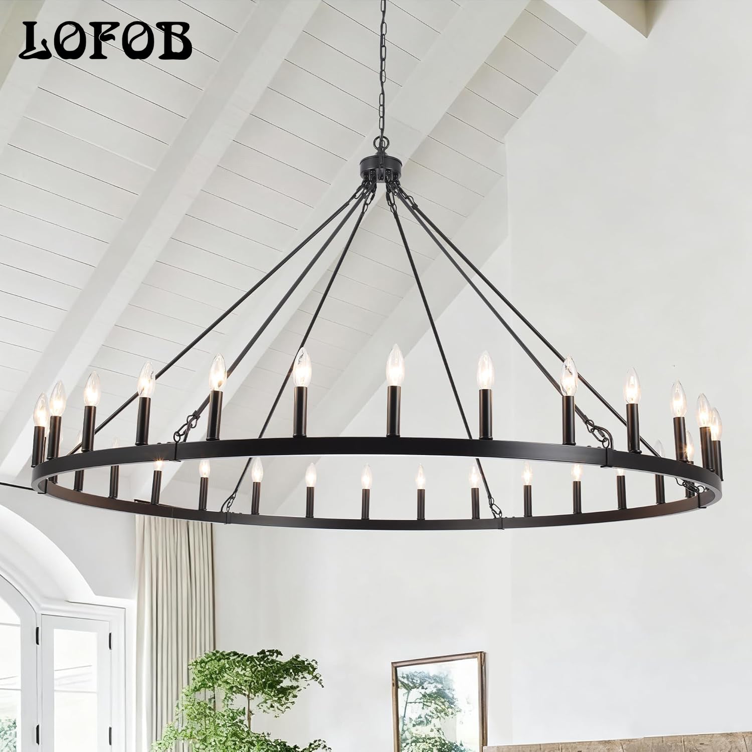LOFOB Black Extra Large Wagon Wheel Chandelier, 60 inch 30 Lights