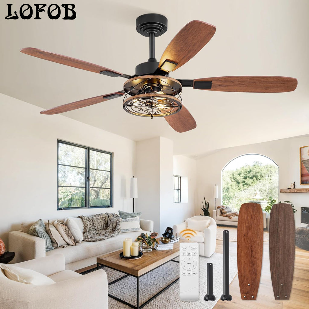 LOFOB 52 Inch Farmhouse Ceiling Fan with Light and Remote,Flush Mount 6 Speed Reversible Motor and Dual Finish 5 Blades