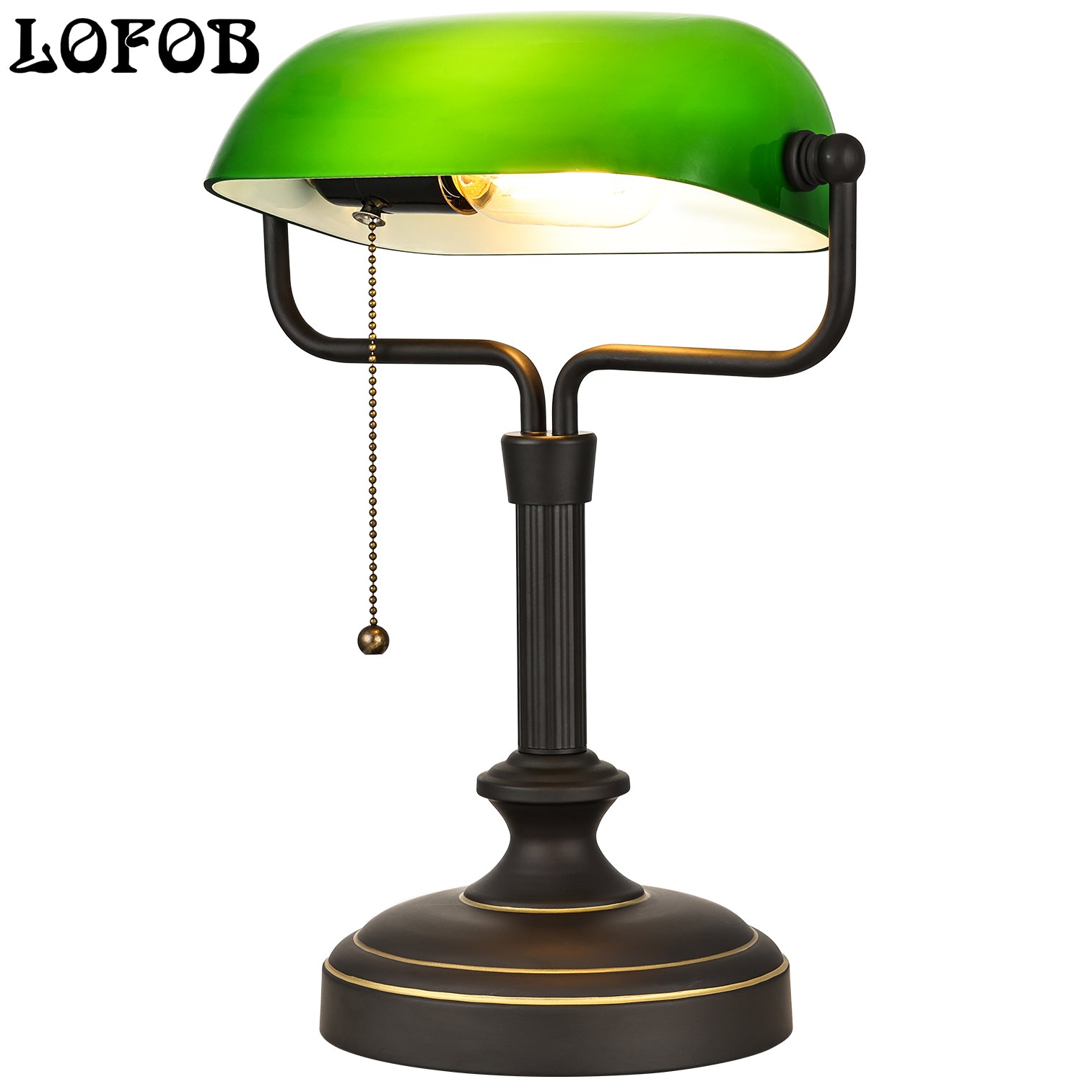 LOFOB Banker's Desk Lamp with Glass Shade,Pull Chain Switch, LED Bulb Included (Antique Black+Green)