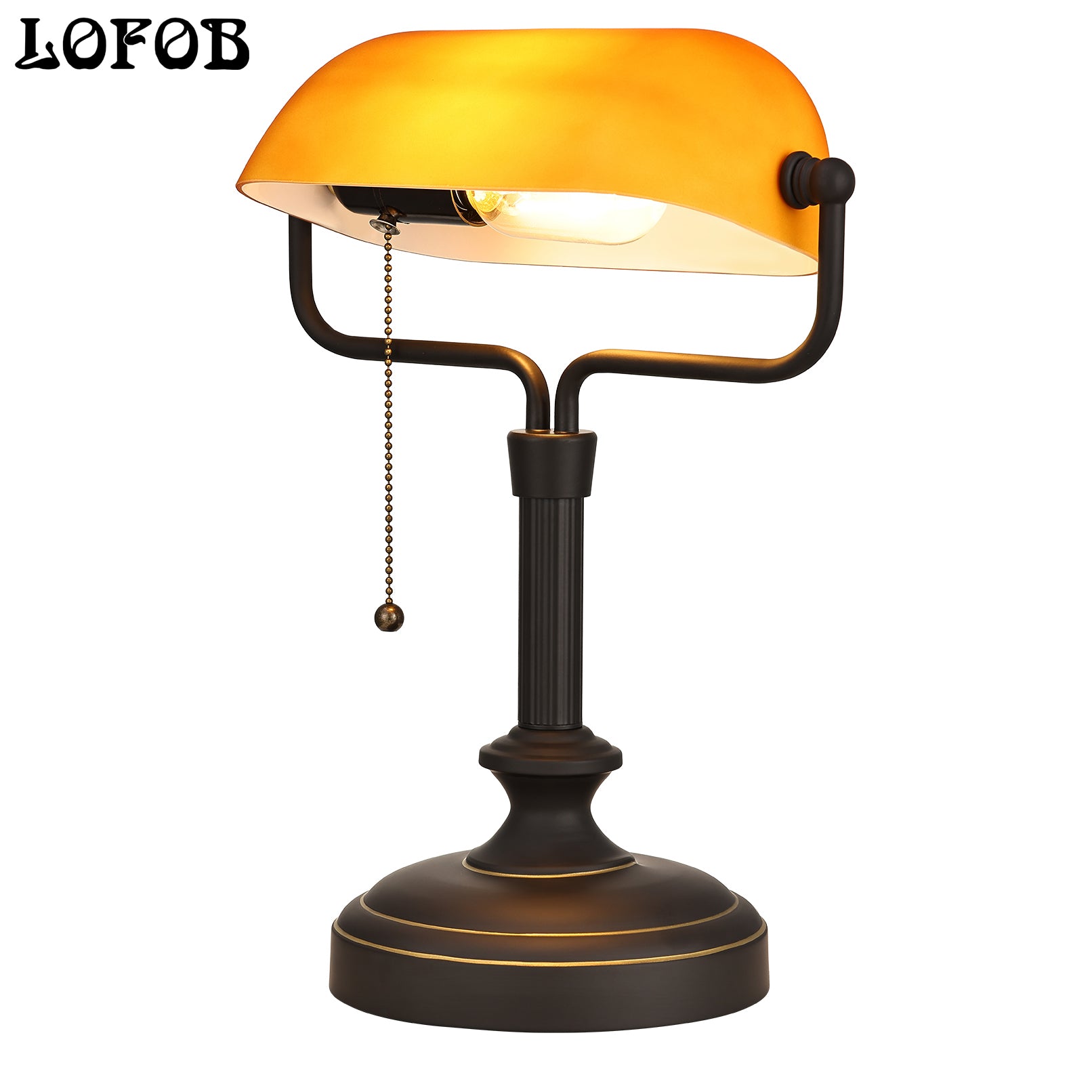 LOFOB Banker's Desk Lamp with Glass Shade,Pull Chain Switch, LED Bulb Included (Antique Black+Matt Amber)