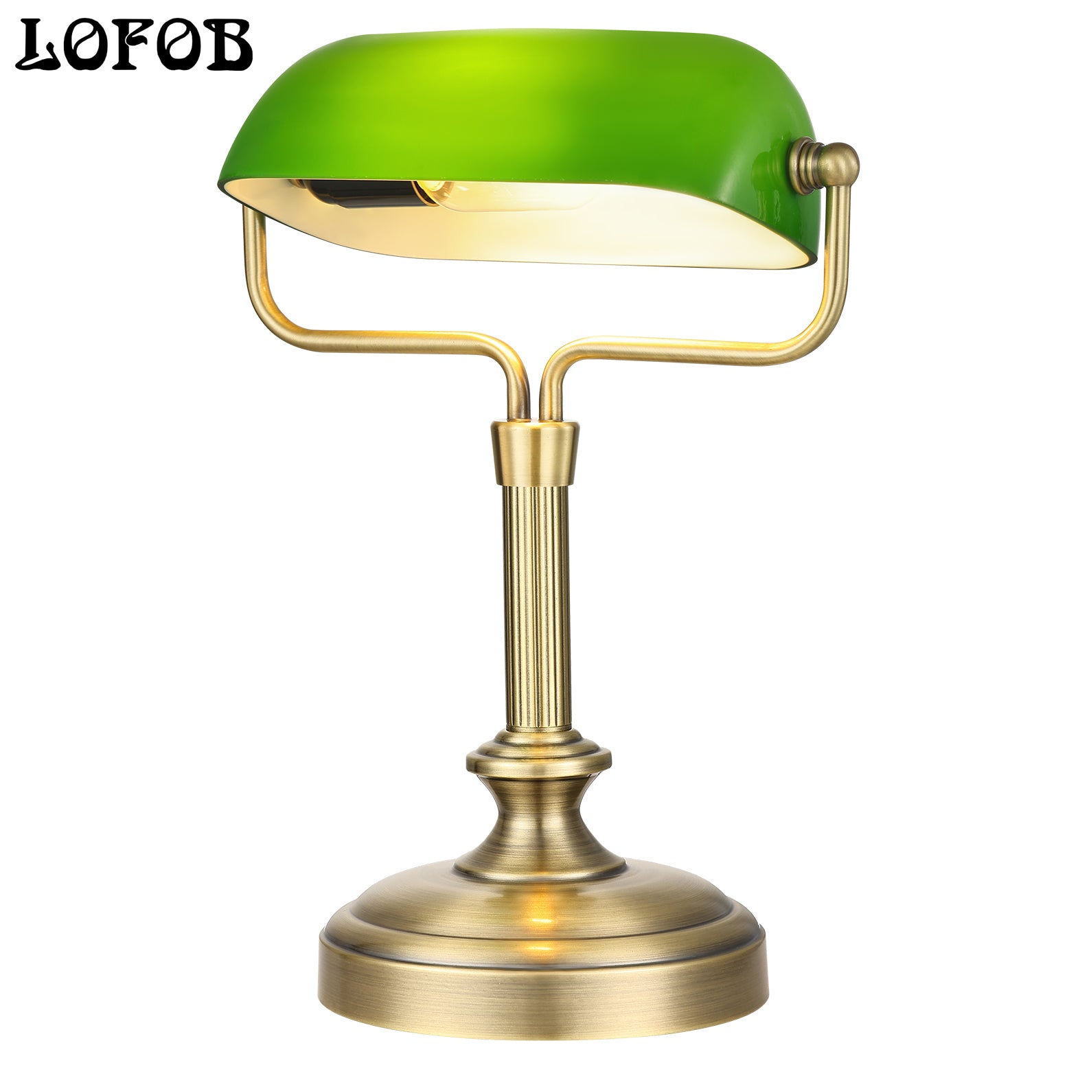 LOFOB Banker's Desk Lamp with Glass Shade,Pull Chain Switch, LED Bulb Included (Antique Brass+Green+Touch)