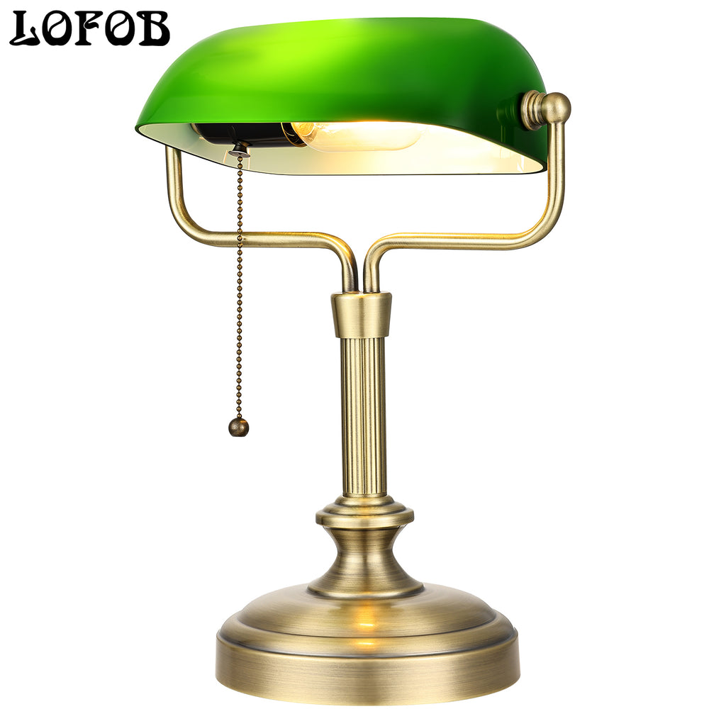 LOFOB Traditional Banker's Desk Lamp with Glass Shade,Pull Chain Switch, LED Bulb Included (Antique Bronze+Green)